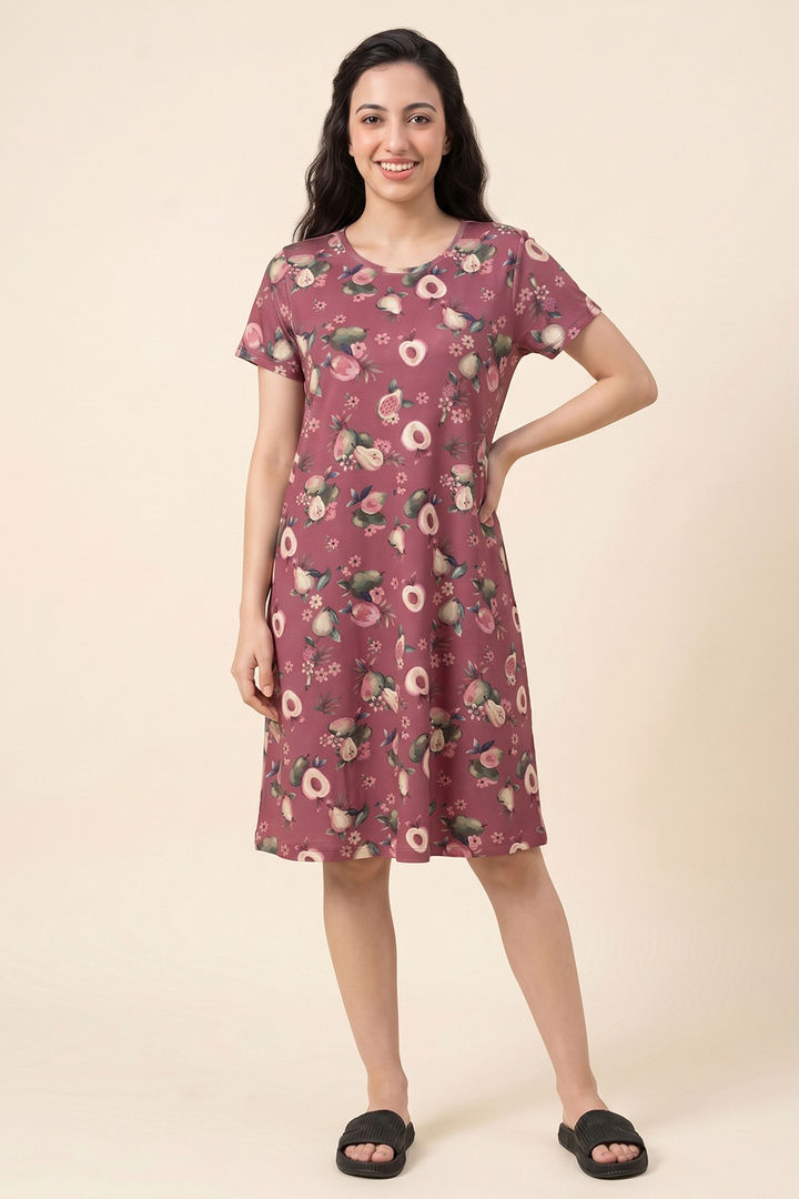 Zivame Buttersoft Fruity Knit Poly Knee Length Nightdress With In Built Slip On Bra - Mesa Rose — image 2